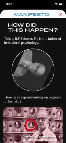 Manifesto: how did this happen? B.F. Skinner experimenting on pigeons in his lab
