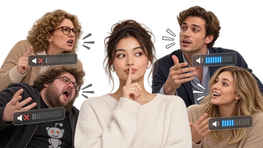 A woman in AirPods shushing while four people talk at her; two of them have their volume muted, two are turned up