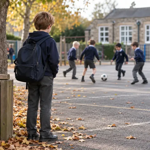 A boy with a backpack stands by a tree at the edge of a school playground, watching a group of children play football.
