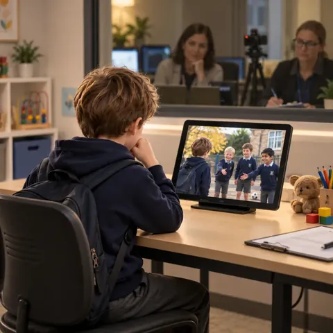 The same boy sits at a desk watching a tablet video of a child being welcomed into a playground game, while two researchers observe.
