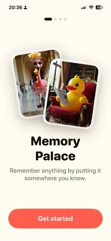Memory Palace welcome screen: a flamingo on a bike and a rubber duck reading the paper. “Remember anything by putting it somewhere you know.”