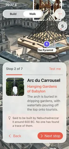 Walk mode at the Louvre: stop 2 of 7, the Arc du Carrousel becomes the Hanging Gardens of Babylon